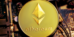 Ethereum cryptocurrency logo on a digital background representing the surge in market valuation