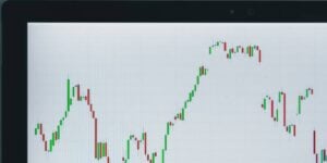 Candlestick chart displayed on a computer screen, indicating fluctuating market prices.