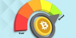 Crypto Fear and Greed index gauge with a Bitcoin coin at the center indicating current market sentiment between fear and greed