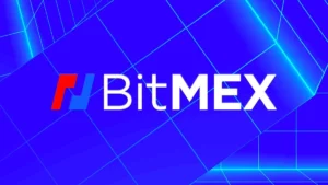 BitMEX logo on a dynamic blue geometric background.
