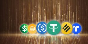 "Logos of various stablecoins illuminated by a shimmering digital rain.