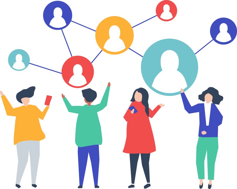 Illustration of diverse people connecting in a crypto community network, symbolizing collaboration and information sharing in the cryptocurrency sphere