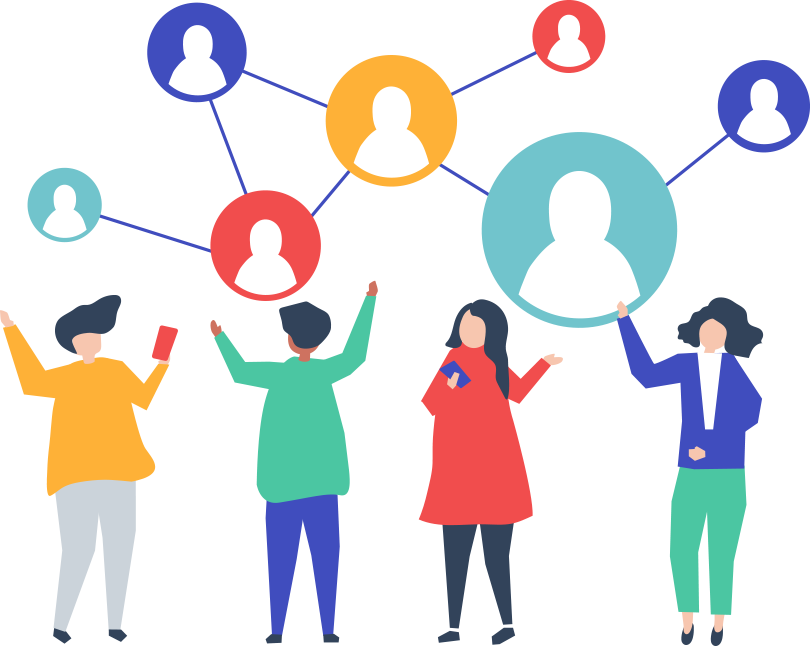 Illustration of diverse people connecting in a crypto community network, symbolizing collaboration and information sharing in the cryptocurrency sphere