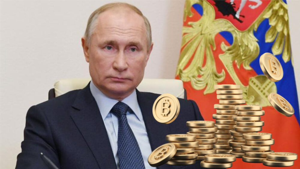 Putin sitting with bitcoin image on his right