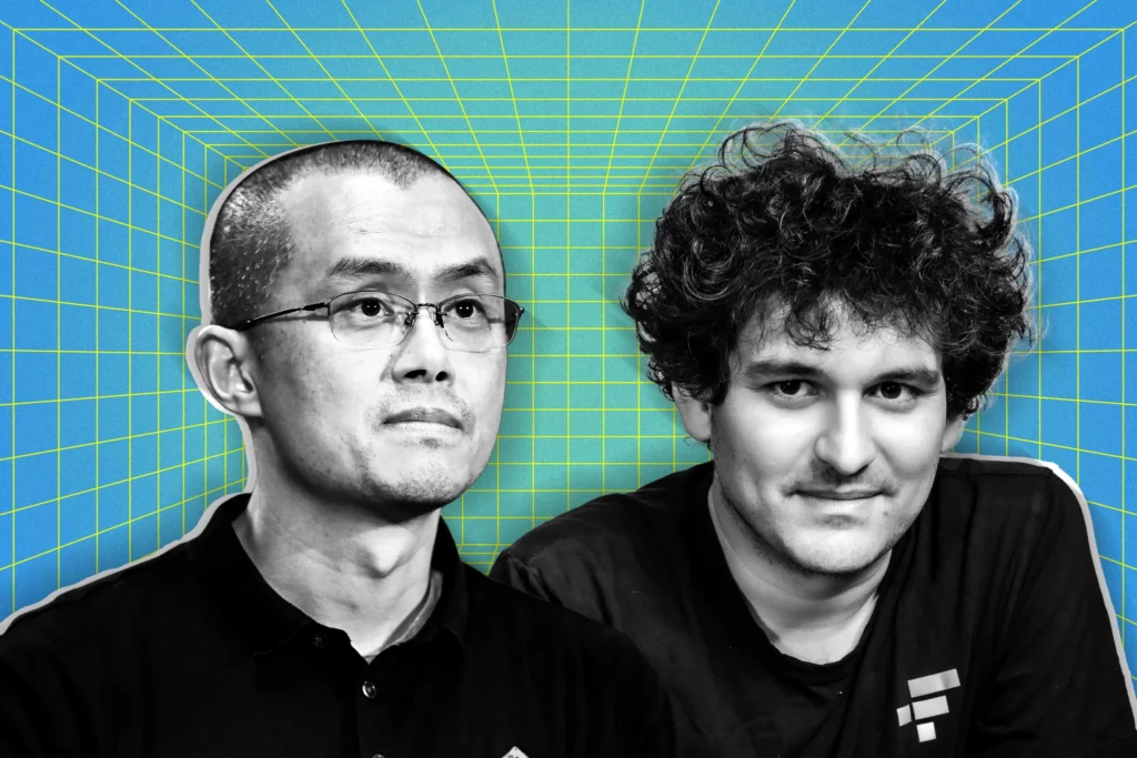 The image features stylized portraits of Changpeng Zhao (CZ) on the left, and Sam Bankman-Fried (SBF) on the right, both influential figures in the cryptocurrency industry. CZ is depicted with glasses and a black shirt, while SBF has curly hair and is also wearing a black shirt, set against a digital-themed, cyan grid background.