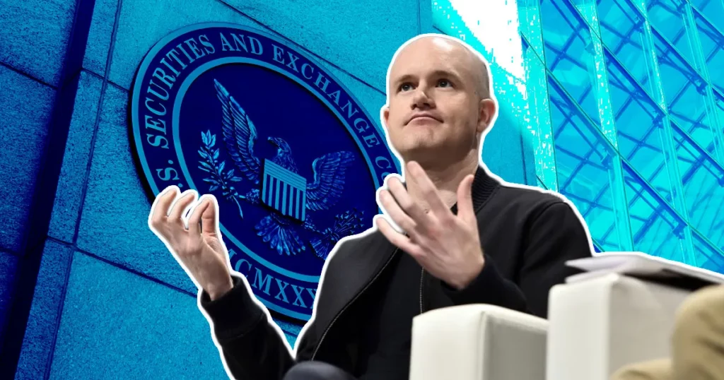 Coinbase's Chief Legal Officer, Paul Grewal infront of SEC logo