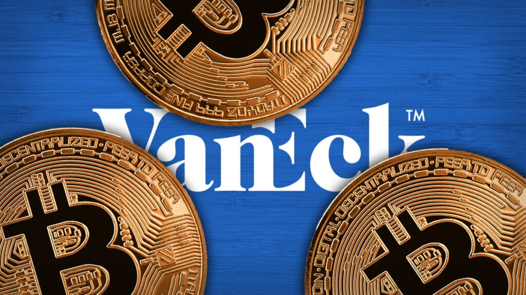 VanEck logo with 3 bitcoins
