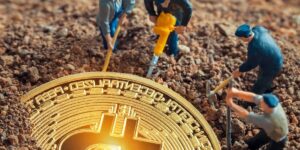Miniature figurines mining on a large Bitcoin coin to represent Bitcoin mining in Australia.