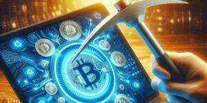 Hammer tapping a tablet screen displaying cryptocurrency symbols, questioning 'Is Bitcoin mining profitable?' through alternative methods
