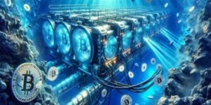 Crypto mining rigs with Bitcoin logos illuminated underwater, questioning is crypto mining profitable.