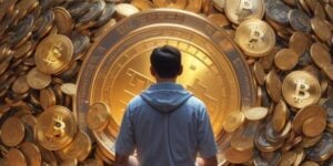 Man standing before a giant Bitcoin emblem surrounded by numerous coins, contemplating is crypto mining is profitable.
