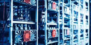 An array of crypto mining rigs with intricate setups, illustrating a step-by-step guide to assembling your own rig