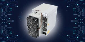Bitmain Antminer S19 Pro ASIC miner, a powerhouse at 110TH/s, set against a digital circuit board background.