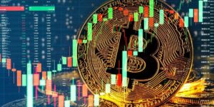 A golden Bitcoin coin in sharp focus against a blurred backdrop of vibrant stock market candlestick charts reflecting cryptocurrency trading activity.