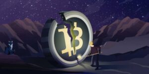 Illustration of a miner chiseling away at a massive coin with the Bitcoin logo under a starry night sky.