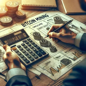 Person using a Bitcoin profitability calculator to analyze mining investments, surrounded by stacks of coins and financial charts."