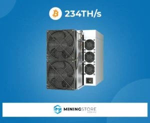Bitmain Antminer S21 Pro 234TH/s Bitcoin miner displayed against a blue background with Bitcoin logo and hash rate details