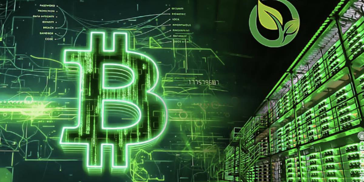 Green Bitcoin Mining Australia concept with a glowing green Bitcoin symbol over digital circuitry and a background of environmentally friendly mining rigs
