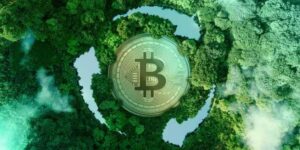 Green Bitcoin mining concept with a silver Bitcoin coin over a lush forest aerial view forming a digital globe