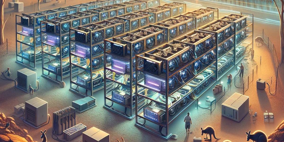 A large-scale bitcoin mining operation depicted in a desert setting, showcasing racks of GPUs with cooling systems, alongside workers and local wildlife like kangaroos, under a concept of a Self-Managed Super Fund investment.