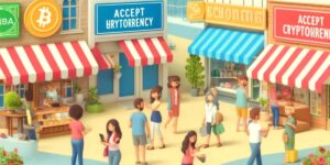 A vibrant illustration of a shopping street where various stores display signs accepting cryptocurrency, demonstrating how Australian companies are integrating ASIC mining for income diversification and economic stability within Self-Managed Super Funds (SMSFs).