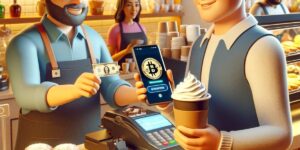 A lively scene in a coffee shop where a barista accepts cash and a customer uses a smartphone app for a bitcoin transaction, illustrating the growing acceptance of cryptocurrency in Australian businesses as part of a strategic move to expand market reach and enhance customer engagement.