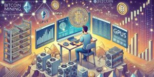 Person Engaged in Cryptocurrency Mining with Multiple Screens and Mining Rigs