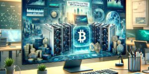 BTC Miner: Visual representation on a massive computer monitor showing an advanced Bitcoin mining setup, interwoven with dynamic digital imagery of financial analytics, urban landscapes, and cryptocurrency coins, highlighting technological advancement and economic strategy.