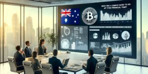 Corporate meeting in a high-rise office with a large screen displaying Bitcoin analytics and the Australian flag, highlighting EOFY financial strategies for BTC mining