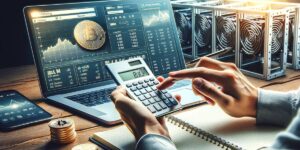 BTC Miner evaluating ROI and tax implications on a laptop displaying Bitcoin trading data, with a calculator and cryptocurrency coins on the desk