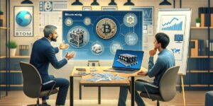 BTC Miner consultation session, with an expert explaining Bitcoin mining strategies and logistics using visual aids and a laptop in a well-equipped office.