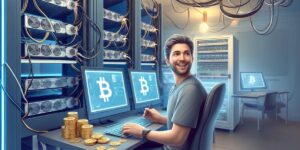 Joyful BTC Miner at his workstation surrounded by Bitcoin mining rigs, actively engaging in cryptocurrency mining.