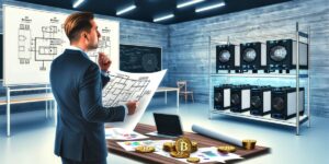 Businessman planning expansion with architectural blueprints and a sophisticated Bitcoin mining rig setup in a modern office.