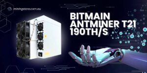 Promotional image of the Bitmain Antminer T21 (190TH) Bitcoin miner, featuring high-performance hardware and a futuristic robotic hand symbolizing cutting-edge technology.