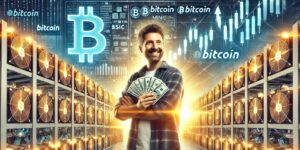 Bitcoin Miner Celebrating Profits in a High-Tech Mining Facility 