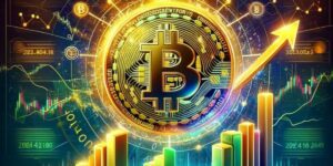 Bitcoin hashrate illustration with rising charts and digital graphics