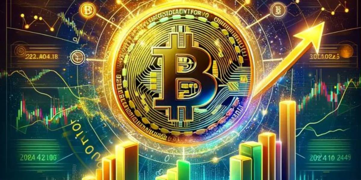 Bitcoin hashrate illustration with rising charts and digital graphics