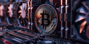 Bitcoin symbol on a high-tech computer motherboard