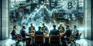 Business executives discussing Bitcoin trends in a boardroom with digital graphics