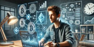 How to Start Crypto Mining: A young man analyzing cryptocurrency data and blockchain technology on multiple digital screens in a modern workspace.