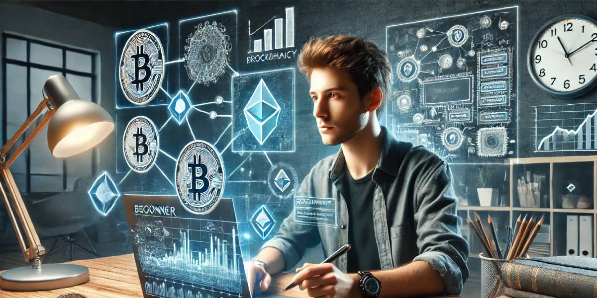 How to Start Crypto Mining: A young man analyzing cryptocurrency data and blockchain technology on multiple digital screens in a modern workspace.