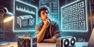 A young man pondering over cryptocurrency mining strategies, surrounded by high-tech mining rigs and digital analytics displays.