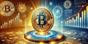 Visual representation of Bitcoin with digital charts and Bitcoin halving data, symbolizing the impact of Bitcoin halving on cryptocurrency markets.