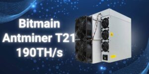 Bitmain Antminer T21 190TH/s cryptocurrency mining hardware displayed against a digital background.