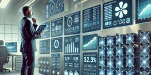 A business professional analyzing cryptocurrency mining data on multiple digital screens in a high-tech control room.