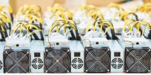 Close-up view of multiple cryptocurrency mining rigs arranged in rows, featuring cooling fans and connected power cables.