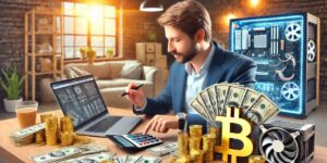 A professional man analyzing data on a laptop with a Bitcoin Mining Calculator, surrounded by bitcoin icons, piles of money, and mining hardware