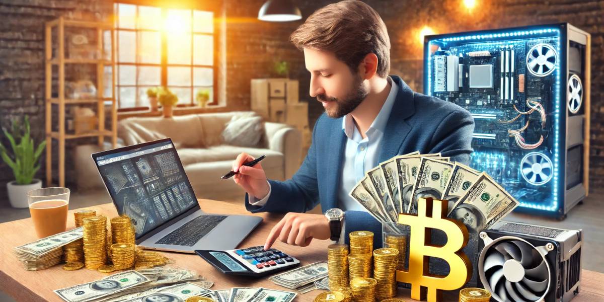 A professional man analyzing data on a laptop with a Bitcoin Mining Calculator, surrounded by bitcoin icons, piles of money, and mining hardware