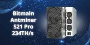 Bitmain Antminer S21 Pro featured against a digital background with networking motifs.