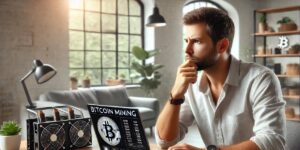 Thoughtful man analyzing Bitcoin mining data on a laptop in a modern, sunlit home office.